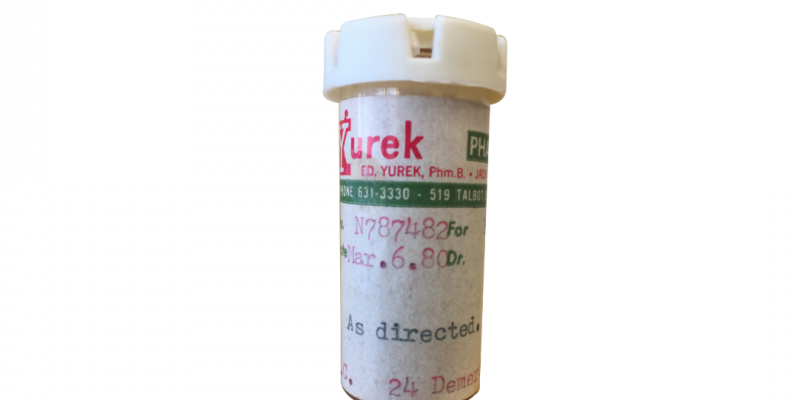 Image of an old Yurek Pharmacy container for medicine. All pharmacy take expire medicine