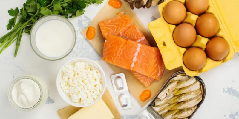 Image of Vitamin D sources in food, Cheese, Eggs, Salmon, Milk