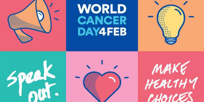 Infographic with text World Cancer Day 4 Feb, Speak out, Make Healthy Choices
