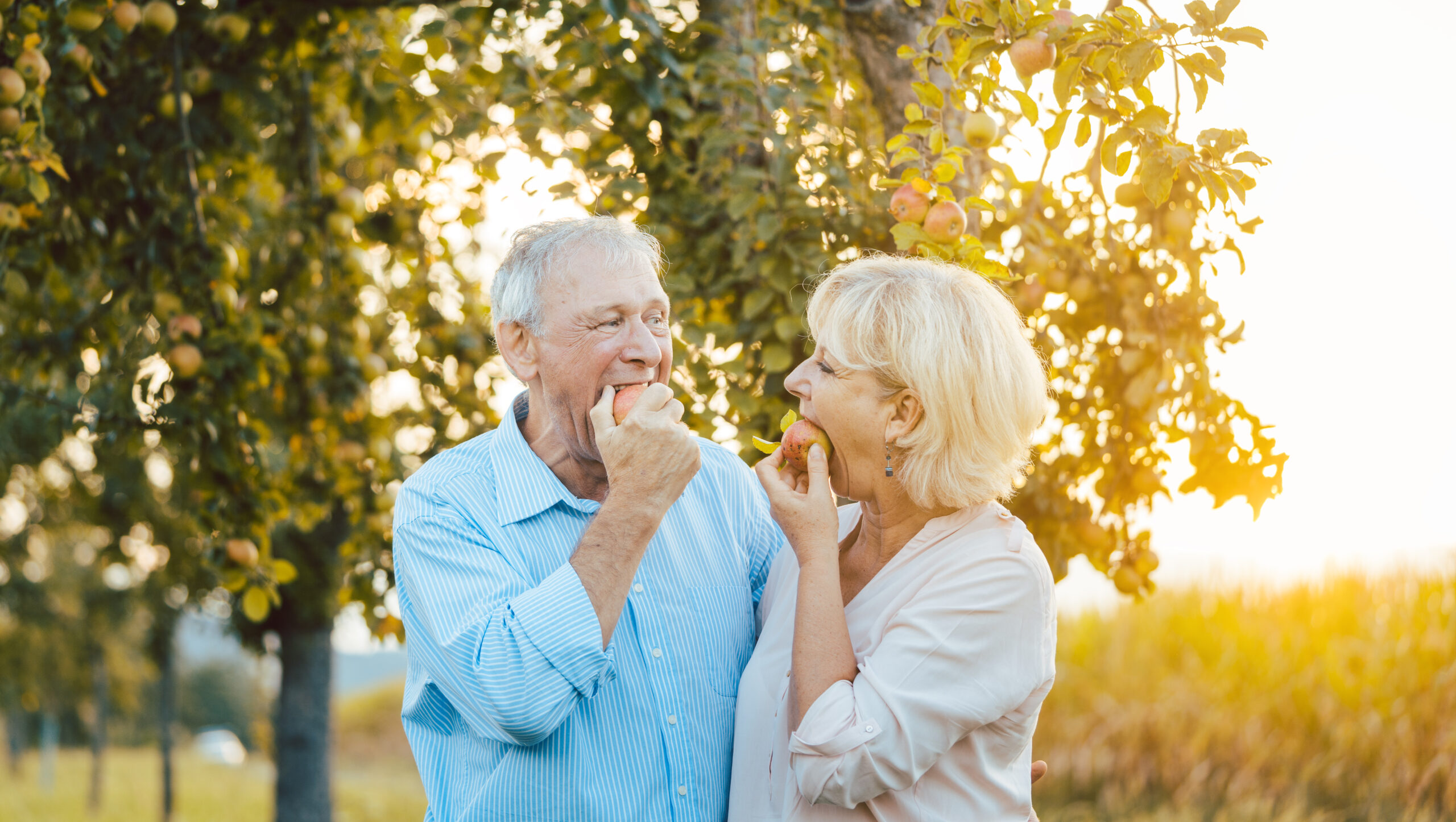 A senior man and woman are eating apples outdoors.