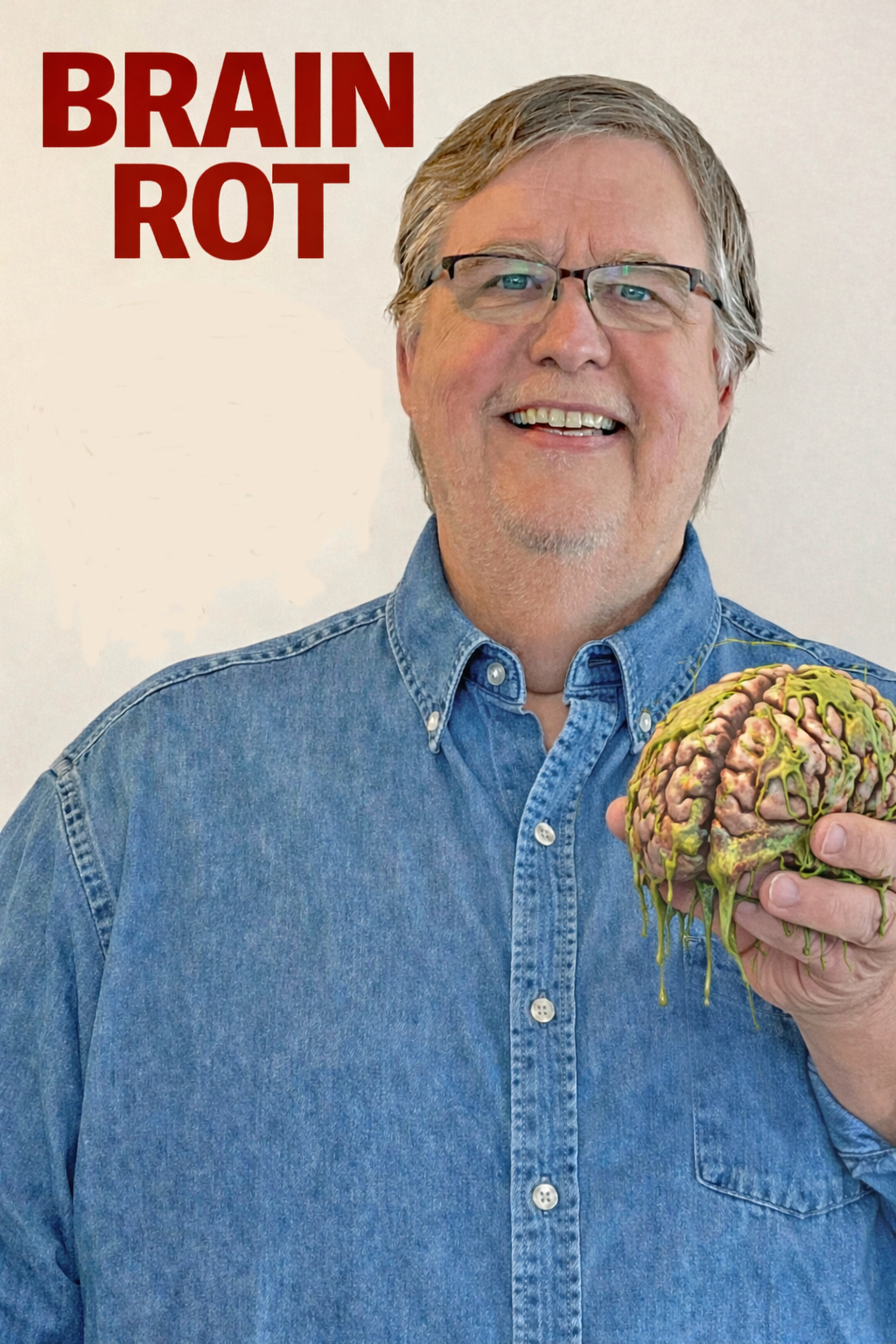 Pete Yurek holding a depiction of a rotting brain.