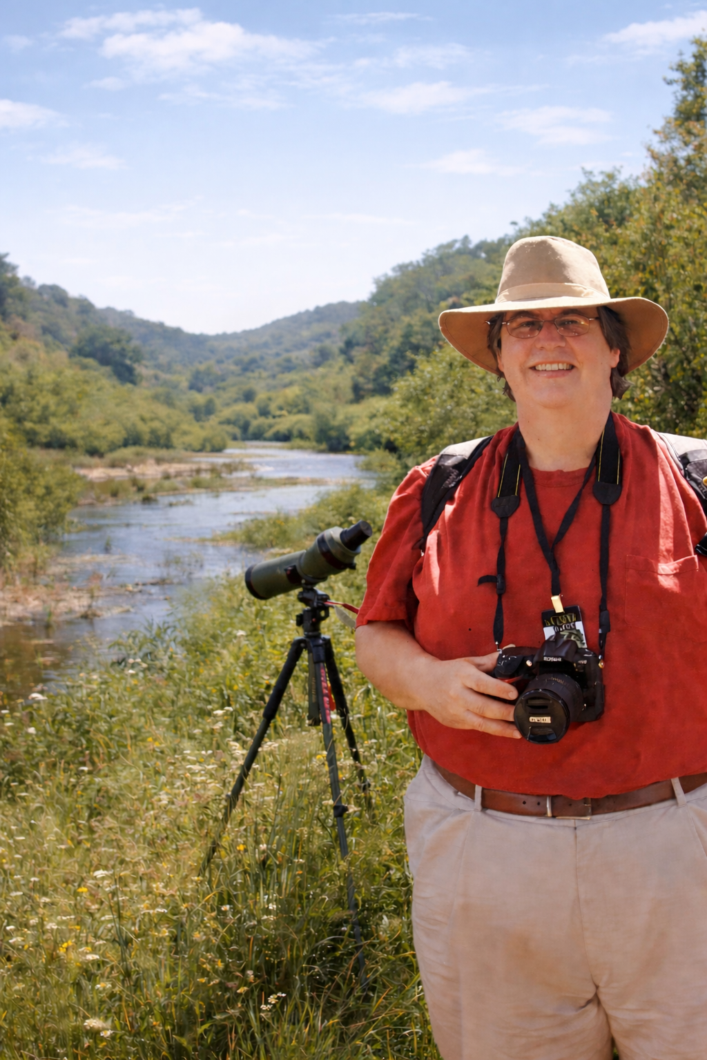 Pete birdwatching, with beautiful landscape in the background.